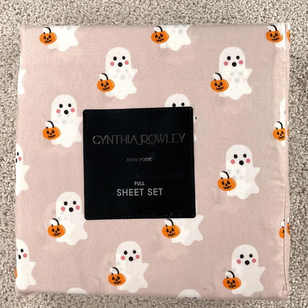 Cynthia Rowley Halloween Ghost Pumpkin Full Sheet Set Pink Microfiber 4pc NEW